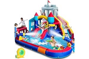 BOLPETIZO Inflatable Water Slide, 11 in 1 Extra Large Waterslide Bouncy House with Pool, Water Cannons, Climbing Wall, Dart Ball, Cool Secret Base, 680W Blower Kids Backyard Activity Outdoor Water Play Toy