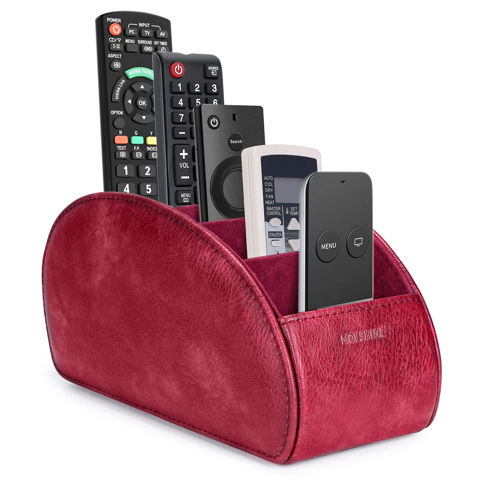 molshine Remote Control Holder with 5 Compartments,Pu Leather Office Organization Storage Caddy Box for Tv Remote,Heater Controllers,Media Player,Office Supplies,Makeup Brush (Dark Red)