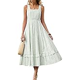 Caracilia Womens Summer Casual Gingham Plaid Midi Dress Sleeveless Square Neck Flowy Beach Vacation Sundress with Pockets