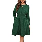 LUOFEN Women's Summer Long Sleeve Casual Dresses with Pockets Smocked Ruched Empire Waist Knee Length Dress Beach Sundress