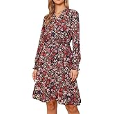 Allegra K Floral Dress for Women Long Sleeve V Neck Smocked Waist A Line Knee Length Flowy Dresses