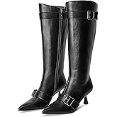 ElegaStep Knee High Boots for Women Kitten Heel Pointed Toe Long Dress Boots Buckles
