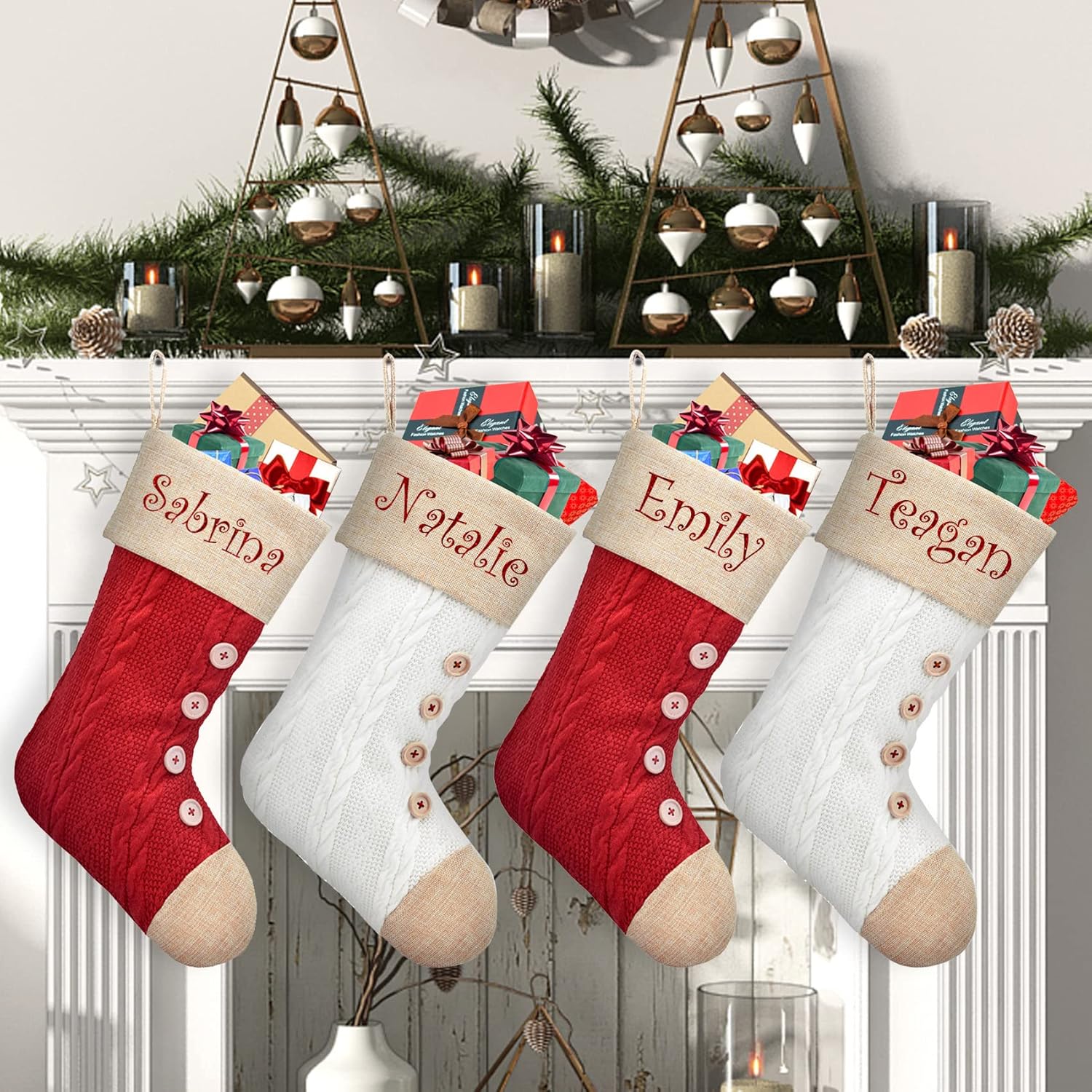 Stockings & Holders - ELEGANTPARK Knit Personalized Christmas Stockings 1 Pack Large Plain Xmas Rustic Monogrammed Custom Stockings Christmas Holiday Fireplace Home Decoration Gifts for Family White and Red