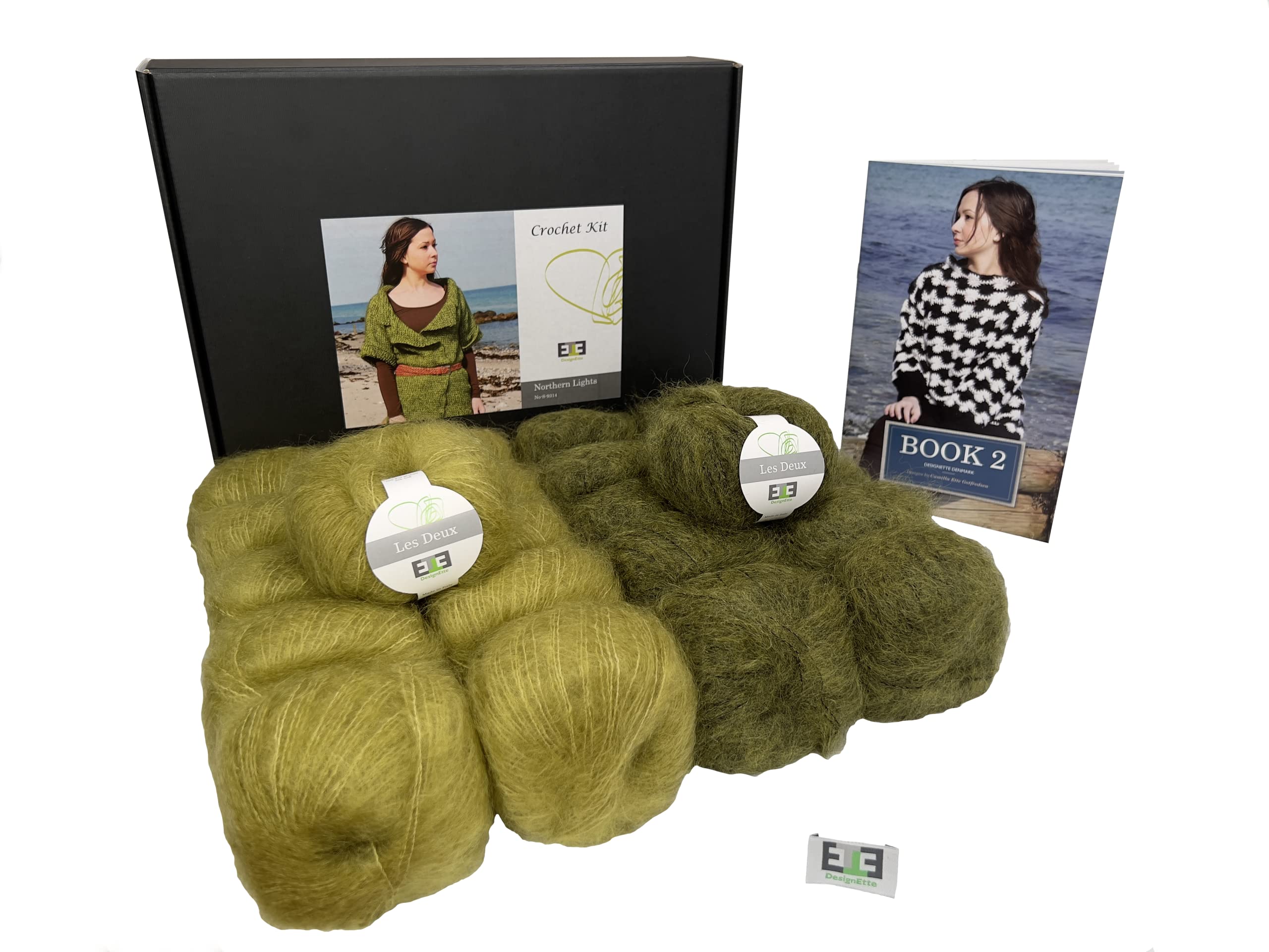 DesignEtte Northern Lights Crochet Cardigan Kit Pattern Book and Yarn Pack for Adults 100 Percent Pure Raw Silk and Superkid Mohair Green Flash/Olive, XS