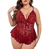 Avidlove Plus Size Lingerie for Women Lace Bodysuit One Piece Teddy Babydoll Mesh Chemise V Neck Sleepwear L-5XL