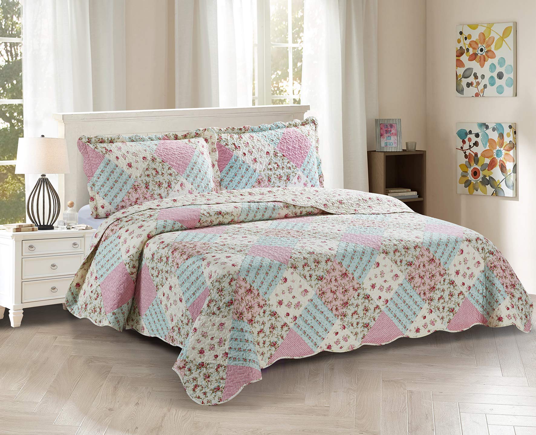 Photo 1 of Brilliant Sunshine Pink and Green Rose Patchwork, 3-Piece Quilt Set with 2 Shams, Reversible Bedspread, Soft Lightweight Coverlet, All-Season, King, Pink Green