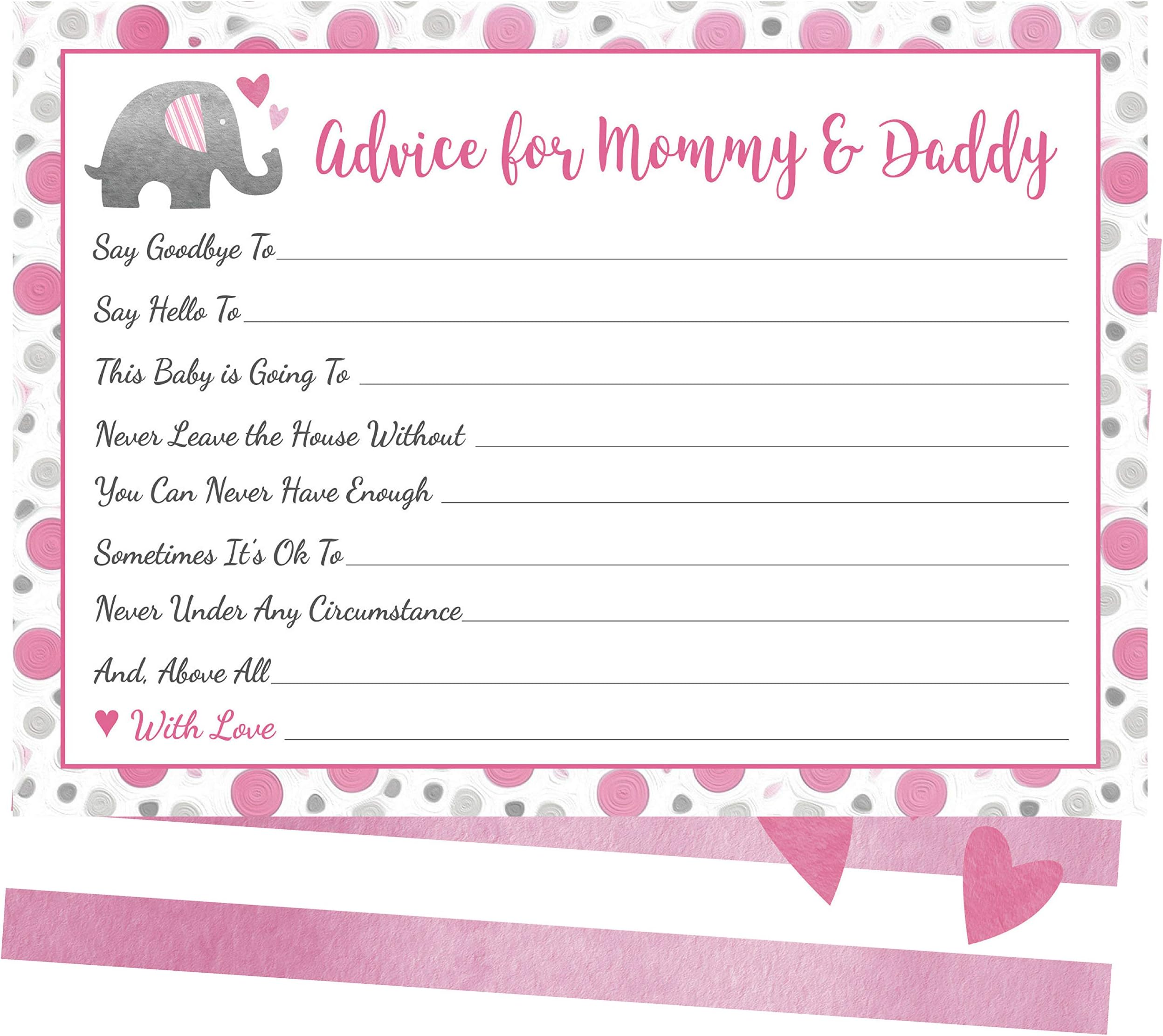 50 Pink Elephant Advice and Prediction Cards for Girl Baby Shower Games (5x7 Inch)