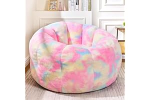 LinkRomat Giant Bean Bag Chair, Faux Fur Adults Beanbag with Petal Armrest Oversize Colorful Chair for Teens Bedroom, Living Room, Dorm, Game - Rainbow, X-Large, High Support