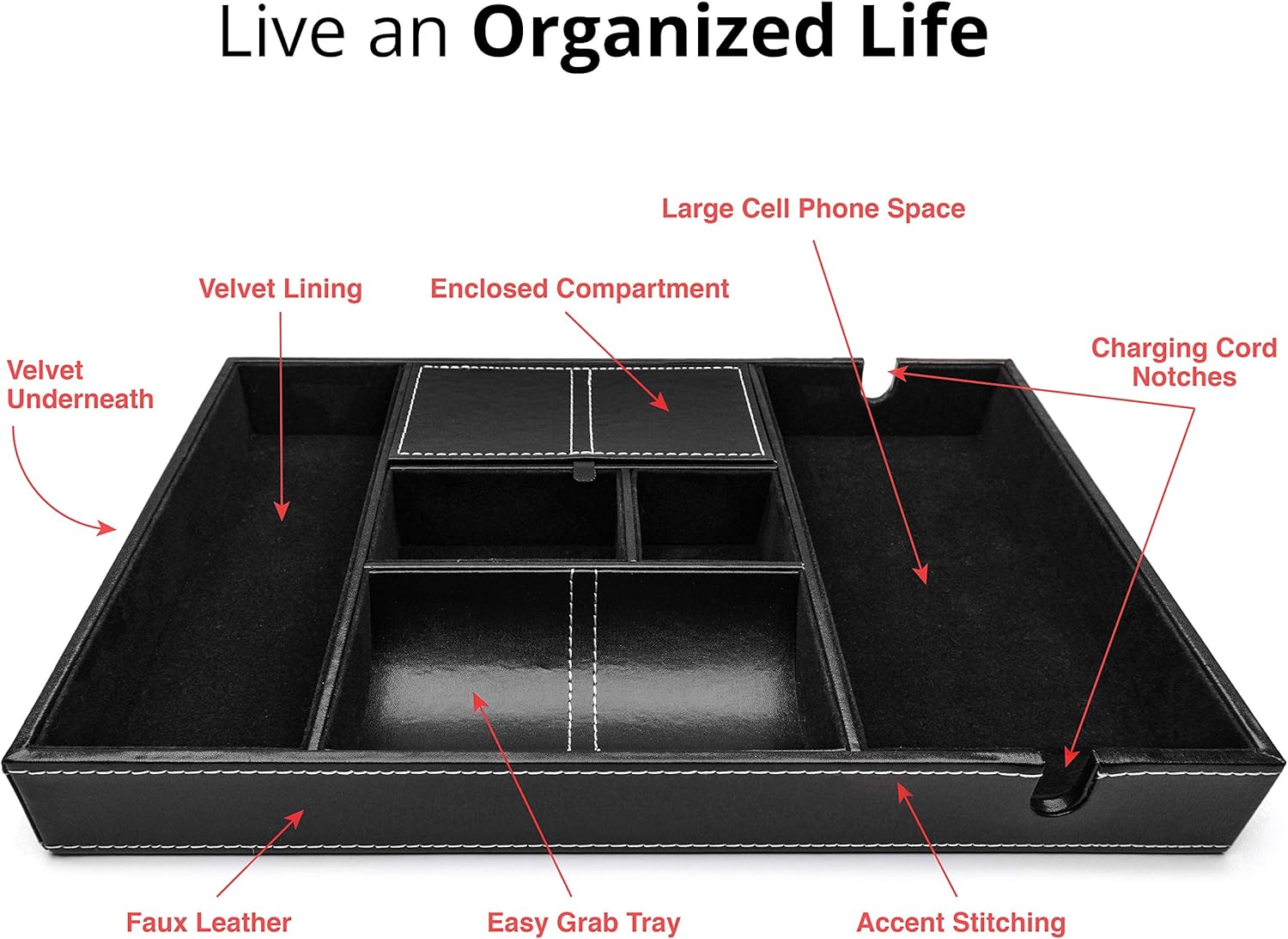 duke trays Valet Tray for Men, Nightstand Organizer, Entry Table Organizer, Catch All Tray, Dresser Organizer, Black Faux Leather Box, 6 Compartments: Home Improvement