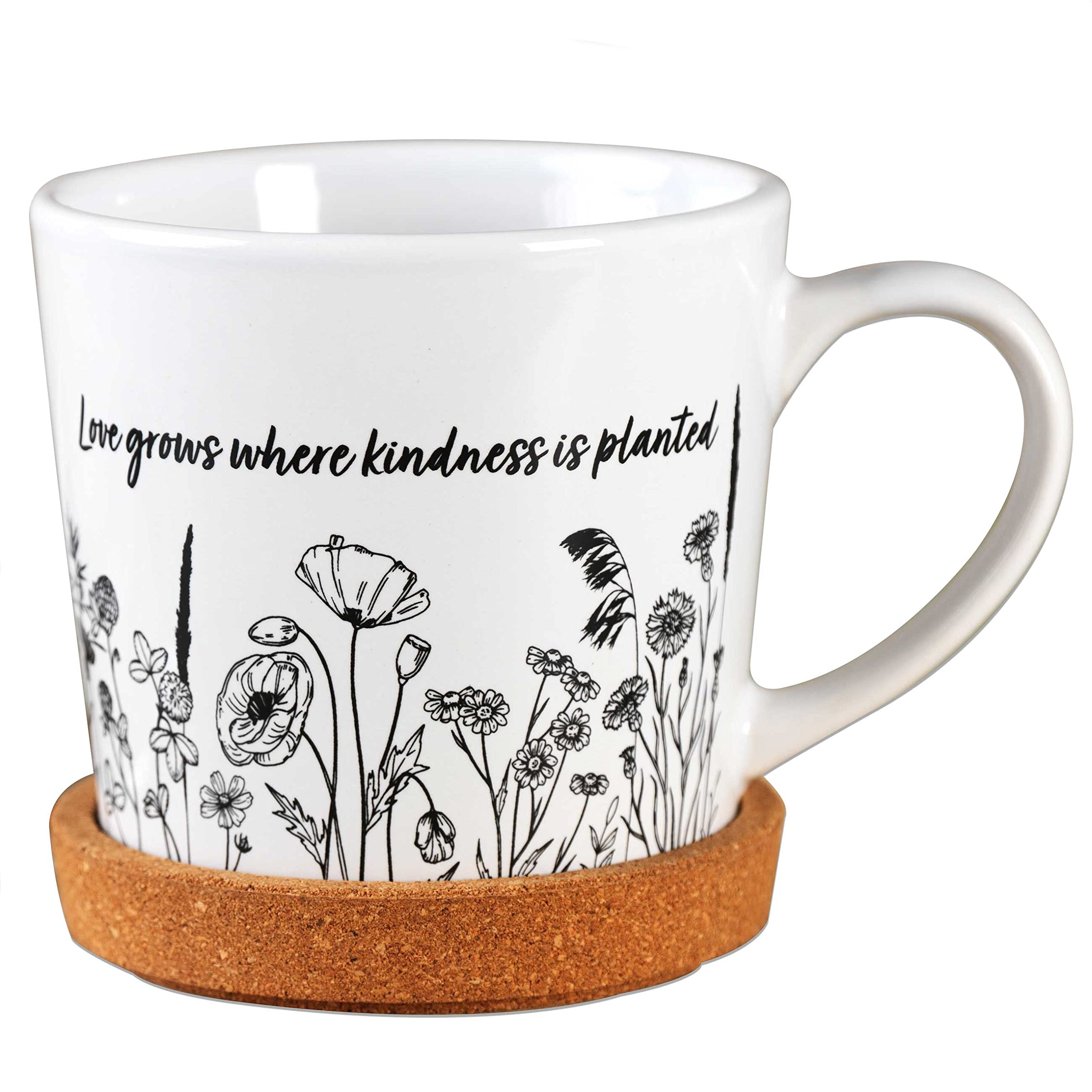 High-quality ceramic mug with matching cork coaster, table decoration, coffee table, coffee cup, love grows where kindness is planted, for coffee, tea and more