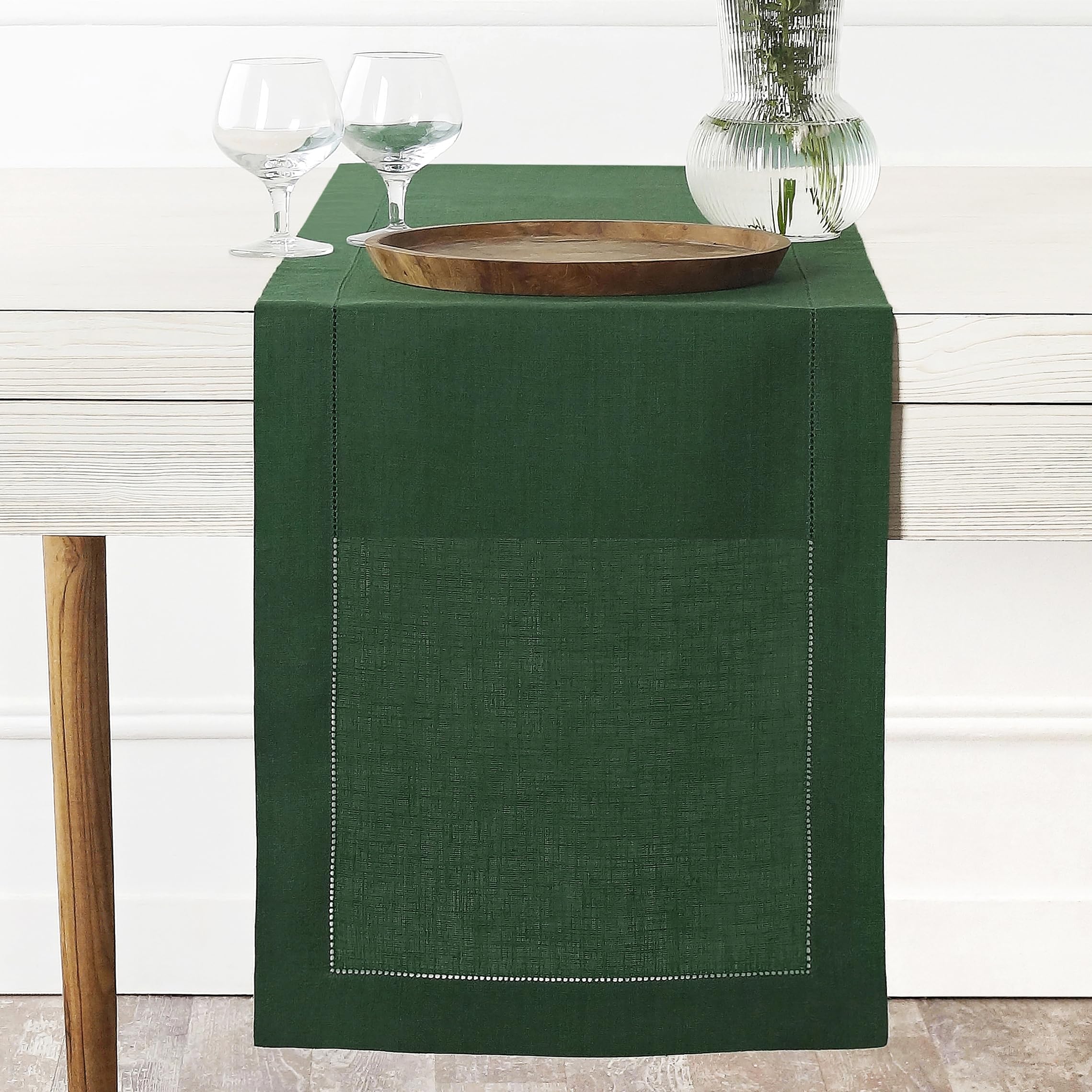 D'Moksha Homes Linen Forest Green Table Runner 183 CM Long - 100% Pure Linen Hemstitch Table Runner 36 x 183 cm for Dresser, Dining, Spring - Classic Hemstitch — image 1