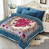 JYK Korean Mink Fleece Flannel Blanket Queen Size 75" x 87", 5 Pounds - 2 Ply Reversible Silky Soft Plush Warm, Comfy Blanket for Autumn, Winter - Blue/Peony