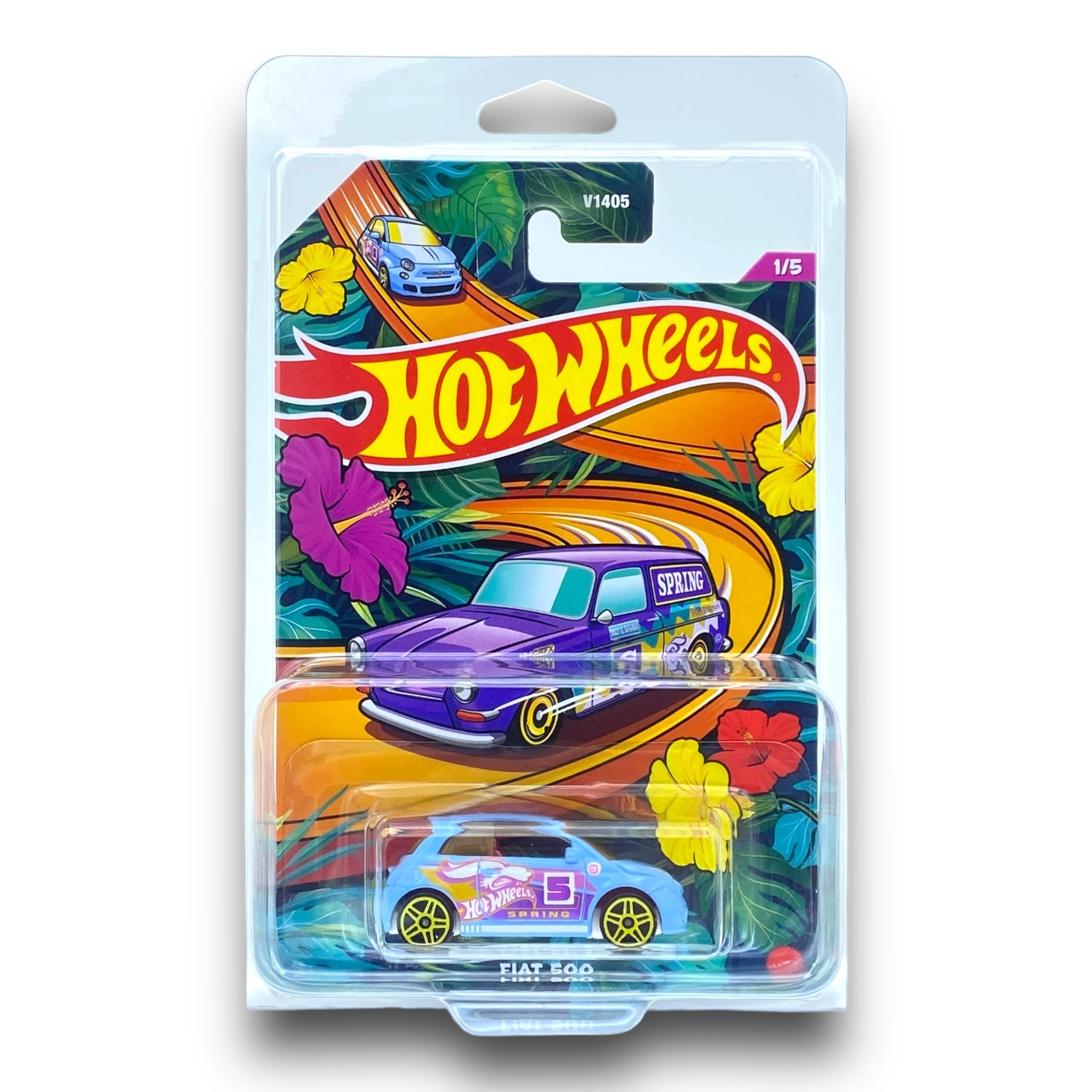 Hot Wheels Fiat 500 (Light Blue) 1/5 Spring - 2024 - (Long Card) - COMES IN A GENUINE KLAS CAR KEEPER PROTECTOR CASE - HVX20