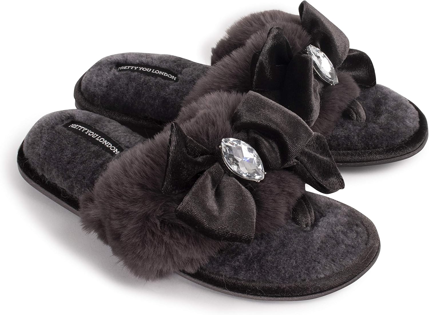 Ladies Womens Dark Grey Slippers with Diamante Detail