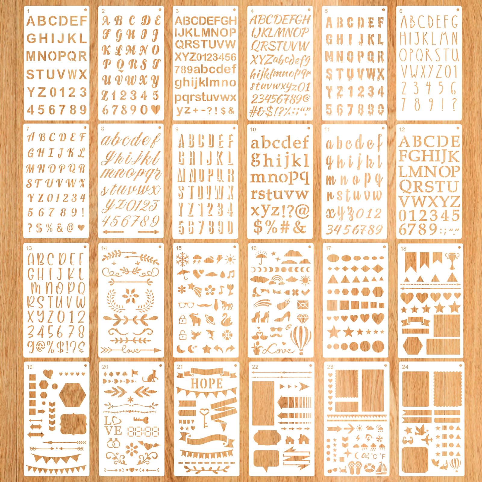 24pcs Calligraphy Stencil Kit, Various Shapes Letters Numbers Patterns Common Symbols Graphics Templates Reusable Painting Stencils for Wall Chalkboard Wood Signs Arts Crafts