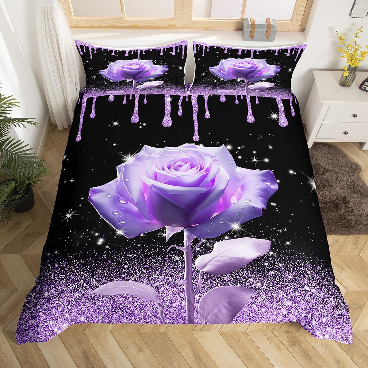 3D Purple Rose Duvet Cover Set Double Size, Purple Glitter Print(No Glitter) Comforter Cover with 2 Pillowcases, Purple Flower Bedding Set 3pcs for Kids Girls Room Decor Lightweight Bedspread Cover