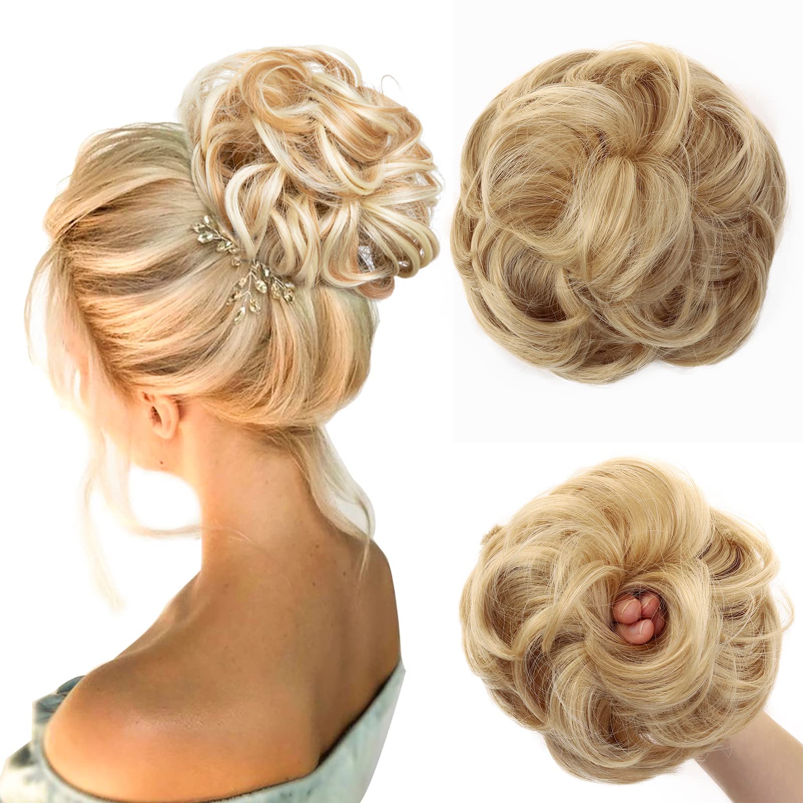JJstar Messy Hair Bun Curly Wavy Hair Scrunchies Accessories Pieces for Women Girls Synthetic Chignons (Light Honey Blonde)