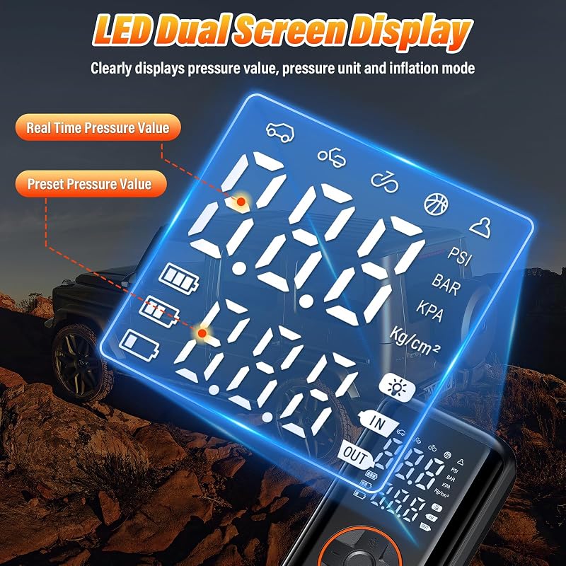 Tragbarer Dual Power ReifenfüllerAuto Luftpumpe, Digitalem Display & Automatischer Abschaltung für Auto SUV Motorrad Fahrrad Notfall & Reisen