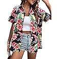 Hawaiian Shirts Women Hawaii Tshirt Cool Floral Tropic Print Graphic Tees Tops Button Up Summer Vacation Shirt