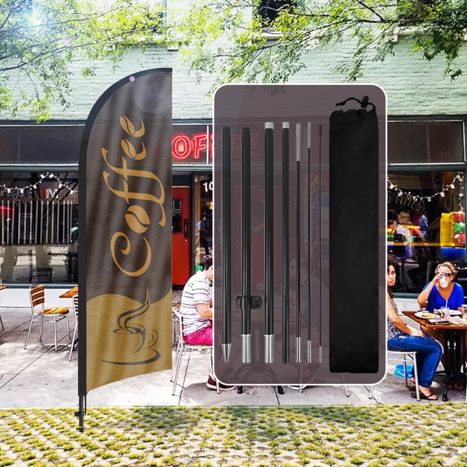 QSUM Coffee Feather Flag,8FT Coffee Advertising Swooper Flag with Pole Kit, Ground Spike, Coffee Signs for Businesses and Storefronts
