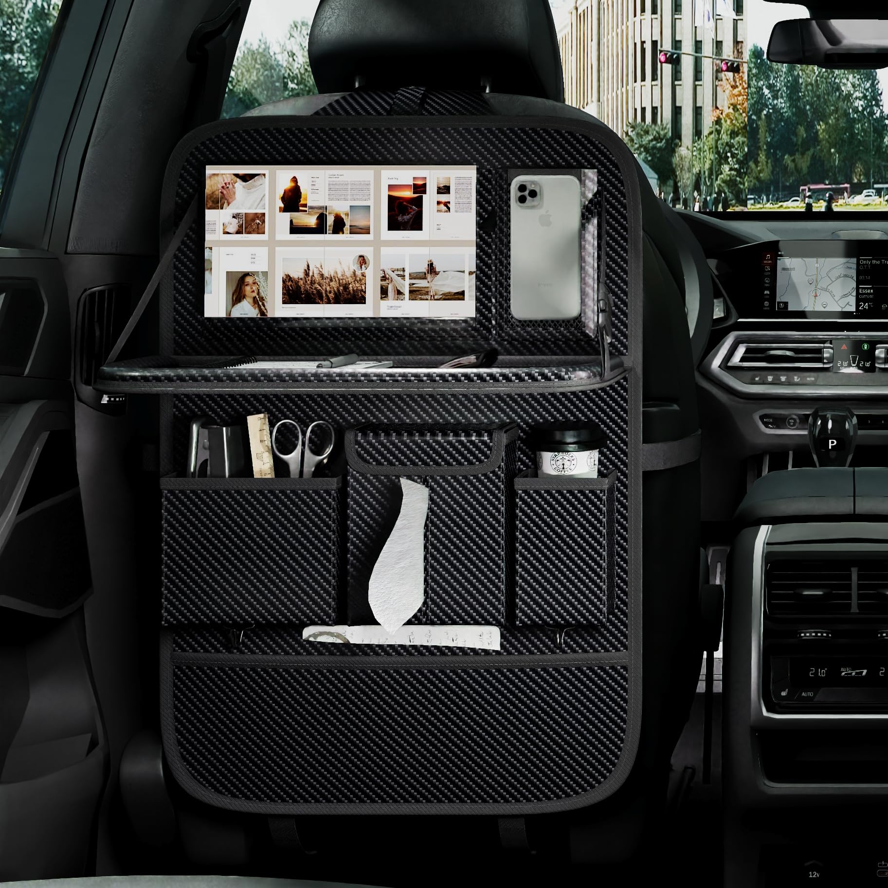 Photo 1 of ***MISSING STRAPS*** GMQ Back Seat Car Organizer 1 Pack,Backseat Organizer with Tray,Multifunctional Car Seat Back Storage Box with Foldable Tablet Holder (Carbon Black, Weave)