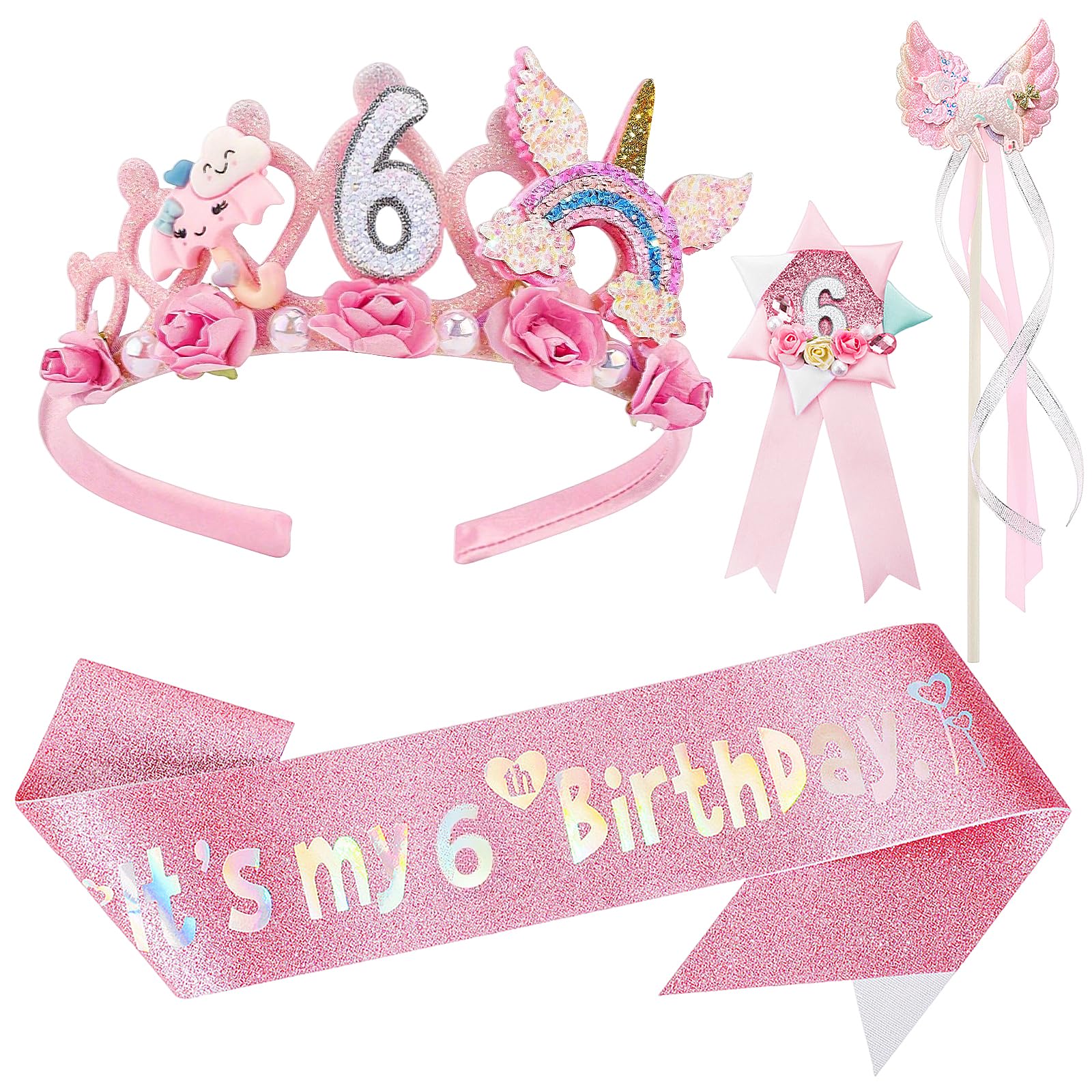UxClishe Birthday Girl Decorations Set, Floral Princess Tiara Headband, Kids Party Accessories with 6th Birthday Crown Glitter Sash Magic Wand and Badge Ribbon for Girls Party Sparkling Decoration