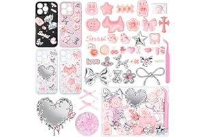 Noledome Junk Case Charms Kit - Pink-Silver Themed Flat Back Resin Pieces - Phone Decorations with Mirror and Tweezers - Kawaii Accessories for DIY Cute and Junk Phone Case, Jewelry, Nail Art, Shoes, Socks, Keychains