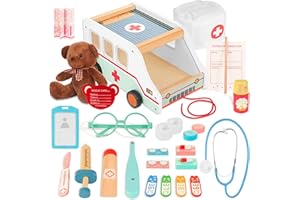 LAWCEPHUN Wooden Doctor Kit for Kids, 37pcs Pretend Play Medical Kit with Ambulance Toy & Plush Bear, Imagination Doctor Role Play Set for Boys Girls Age 3 4 5 6 7