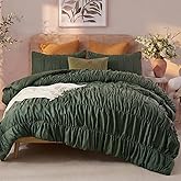 Bedbay Boho Ruched Comforter Set for King Size Bed,Dark Green Ruffle Bedding Set,3 Pcs Breathable Cotton King Comforter Bed Set,Vintage Ruffled Fluffy Quilt Comforter for All Seasons