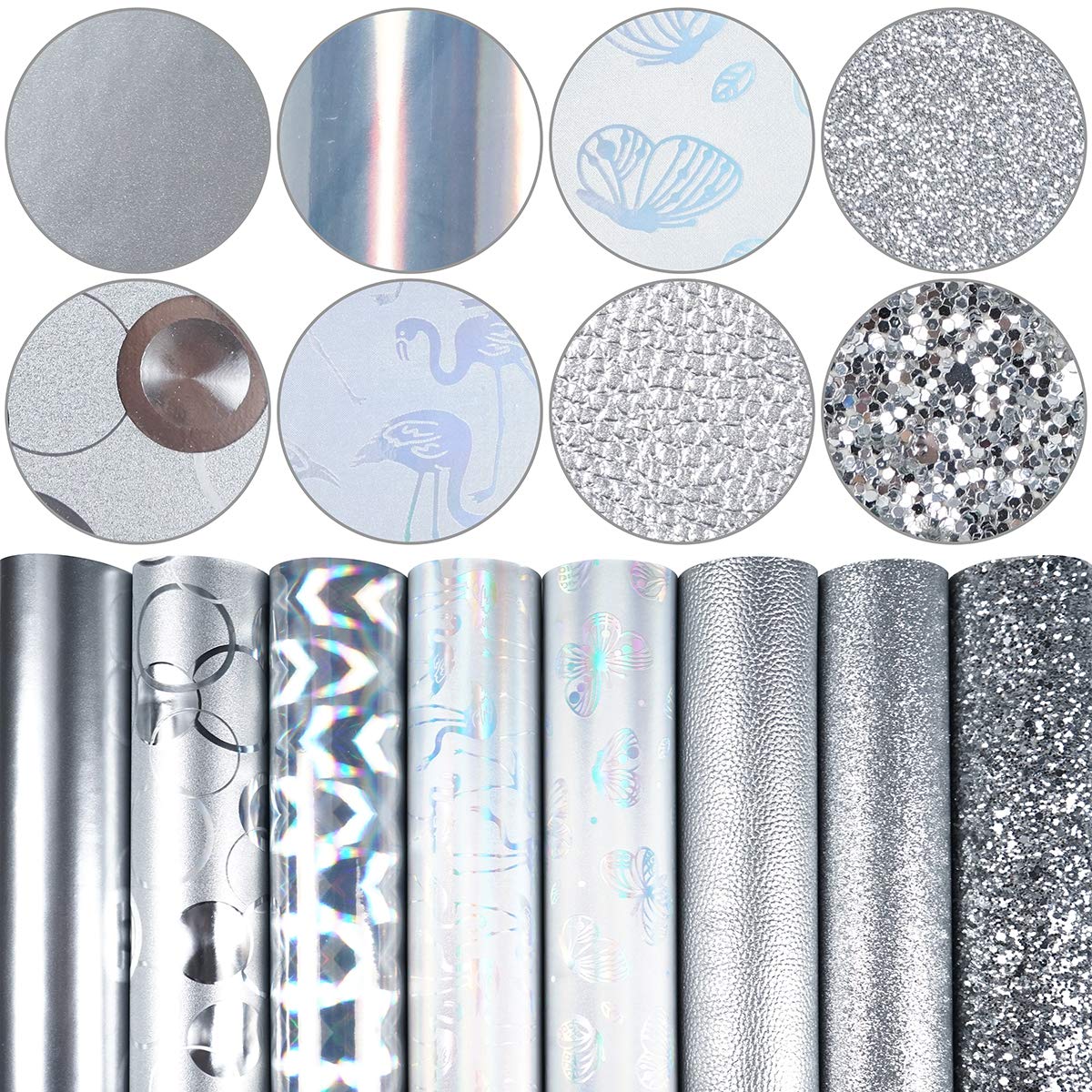 8 Pieces 8x12 Inch (21cmx30cm) Faux Leather Sheet Mixed Silver Series Fine Chunky Glitter Metallic Litchi Patent Holographic Butterfly Flamingo Circle Leather Fabric for Leather Bow Earring Making