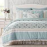 Madison Park Dawn 100% Cotton Shabby Chic Comforter Set-Modern Cottage Design All Season Down Alternative Bedding, Matching Shams, Bedskirt, Decorative Pillows, Queen(90"x90"), Aqua 9 Piece ,