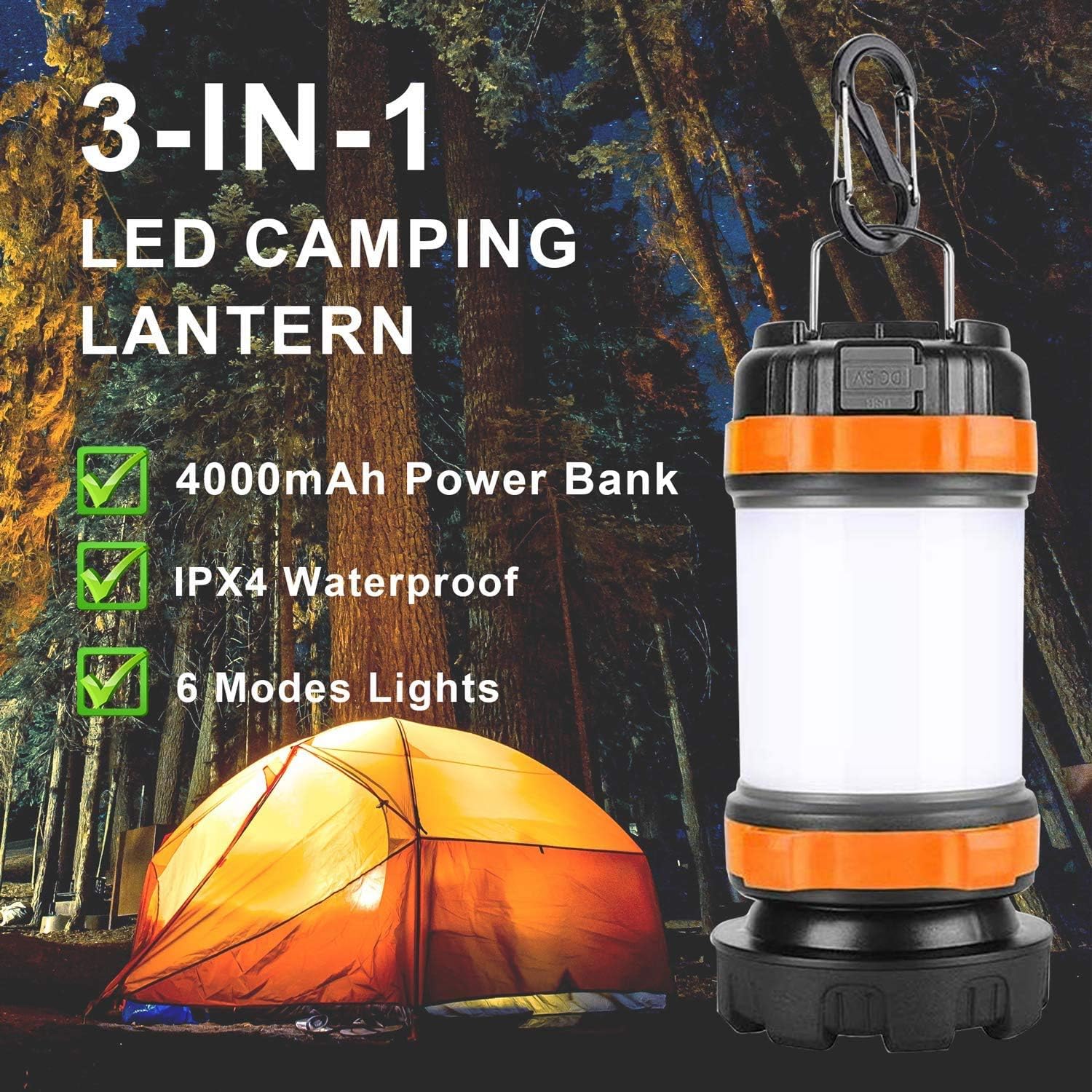 AlpsWolf Rechargeable Camping Lantern Flashlight, 800 Lumens, 6 Lighting Modes, 4000mAh PowerCore, IPX4 Waterproof, Portable for Emergency, Perfect for Searching, Camping, Hiking, Outdoor Activities: Sports & Outdoors