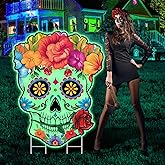 Sugar Skull Yard Sign Decorations Large Day of the Dead Fluorescent Skeleton Dia De Los Muertos Outdoor Lawn Sign with Stakes for Mexican Fiesta Halloween Party Glow in the Dark Supplies Garden Decor