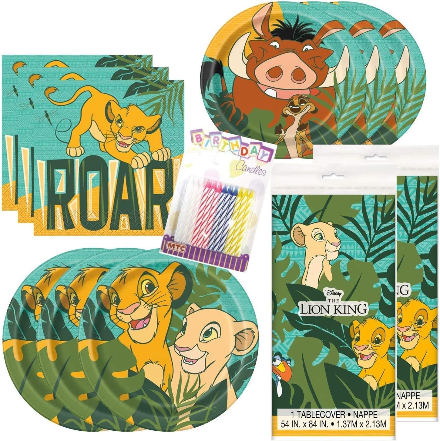The Lion King Themed Party Pack – Includes 24 9" and 24 7" Paper Plates, 48 Luncheon Napkins, 2 Matching Table Cloth, Plus 24 Birthday Candles – Serves 24