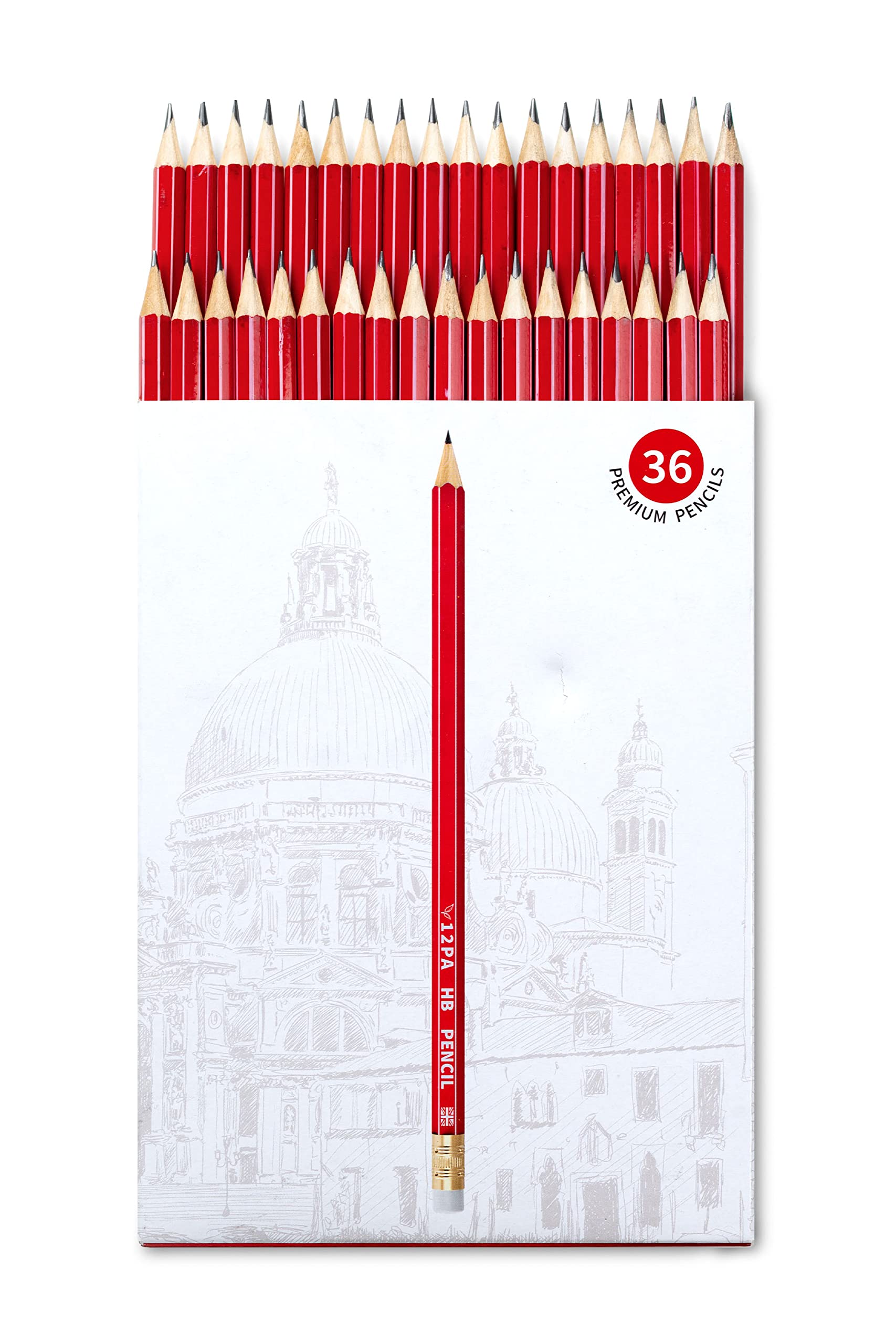 12PA HB Pencils with White Eraser Tips, 36-Pack for School, Office, Children, Builders and Work