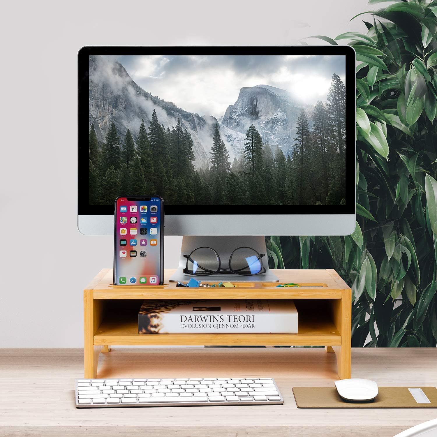 2-Tier Bamboo Desk Monitor Riser Stand - Desk Storage Organizer for Home and Office Computer Desk Laptop Cellphone Printer Stand Desktop Container by AMADA HOMEFURNISHING : Office Products
