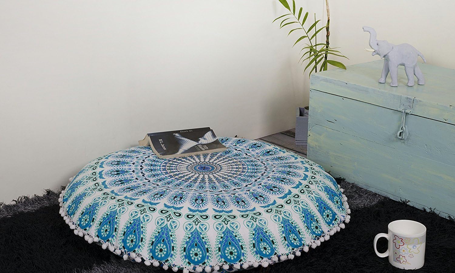Aakriti Gallery Mandala Floor Round Pillowcase Pillow Meditation Cushion Seating Throw Cover Decorative Bohemian Boho Indian Cover Only (35 inch/89 cms) (White)