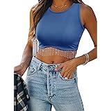 Picture of Womens Western Sparkly Fringe Sleeveless Crop Tops Cowgirl Going Out Cropped Tank Tops with Glitter Tassel