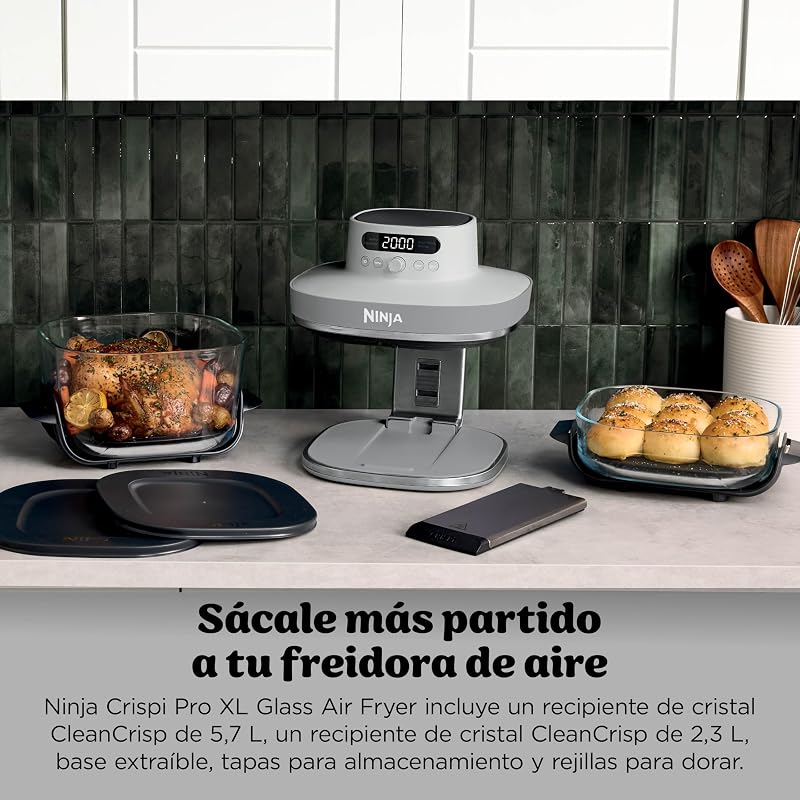 Fritadeira de Ar CRISPi PRO XL, 5 funções de cozedura pré-definidas, recipientes e tampas de vidro CleanCrisp de 5,7 e 2,3 l, White AS090EUWH