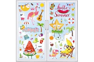 AUZESTO 88Pcs Summer Window Clings, Summer Hawaii Gnomes Sun Beach Ice Cream Drinks Sunglasses Window Stickers Decals, Window Decals for Summer Party Decor Tropical Themed Party Beach Party Decor