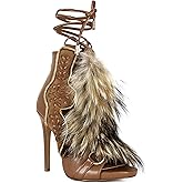 YRRXERSS Heeled Sandals for Women Peep Toe Faux Fur High Heels Back Zipper Stiletto Heels Lace Up Ankle High Western Summer Shoes