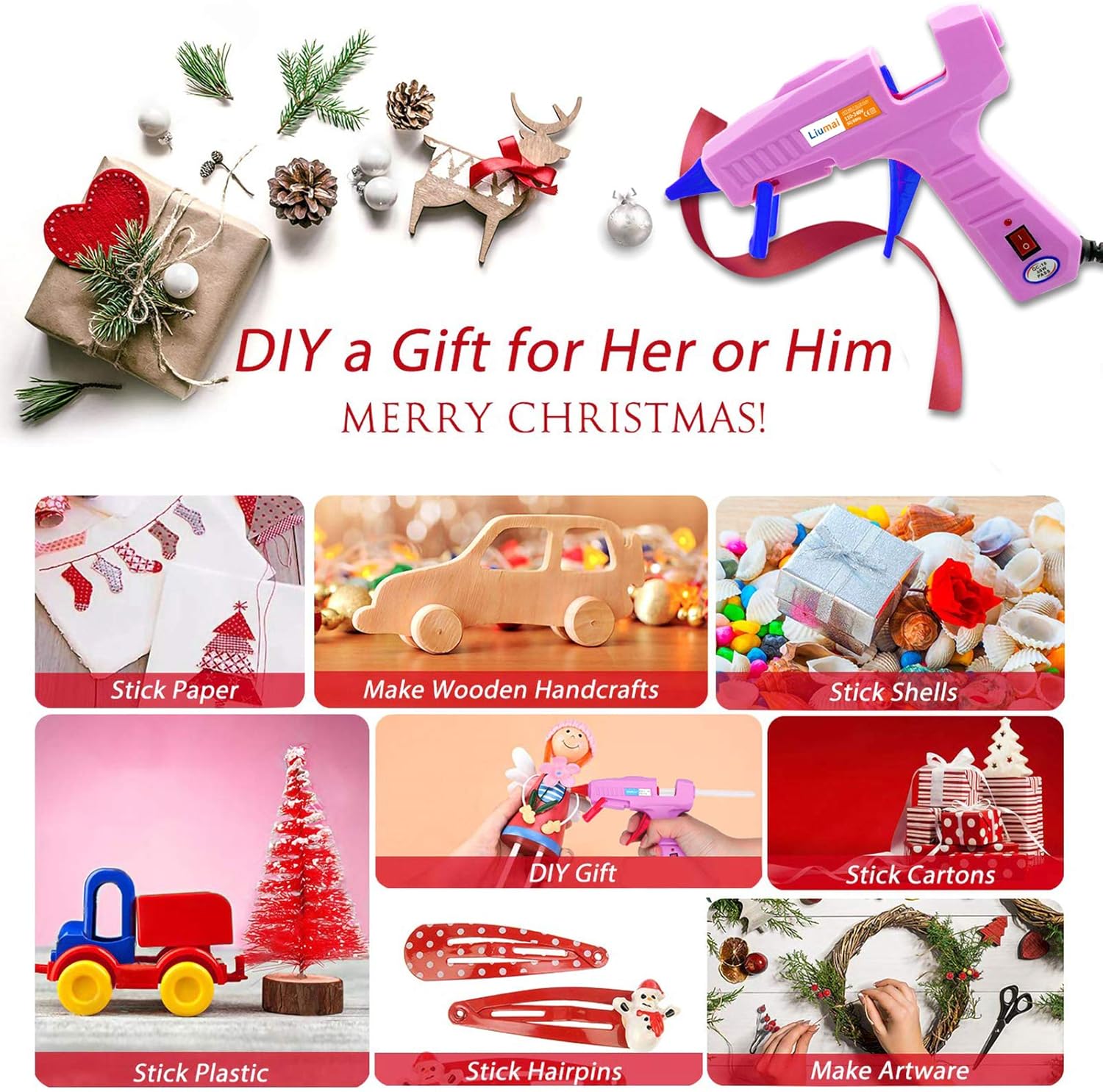 Liumai Mini Hot Glue Gun Kit with Glue Sticks (7.2" Long x 0.27" Diameter, 30 Count, Clear), Hot Melt Glue Gun & Case (8.4" x 6.3" x 2", Black) for Crafting, DIY, and Home Repair Pink-Blue