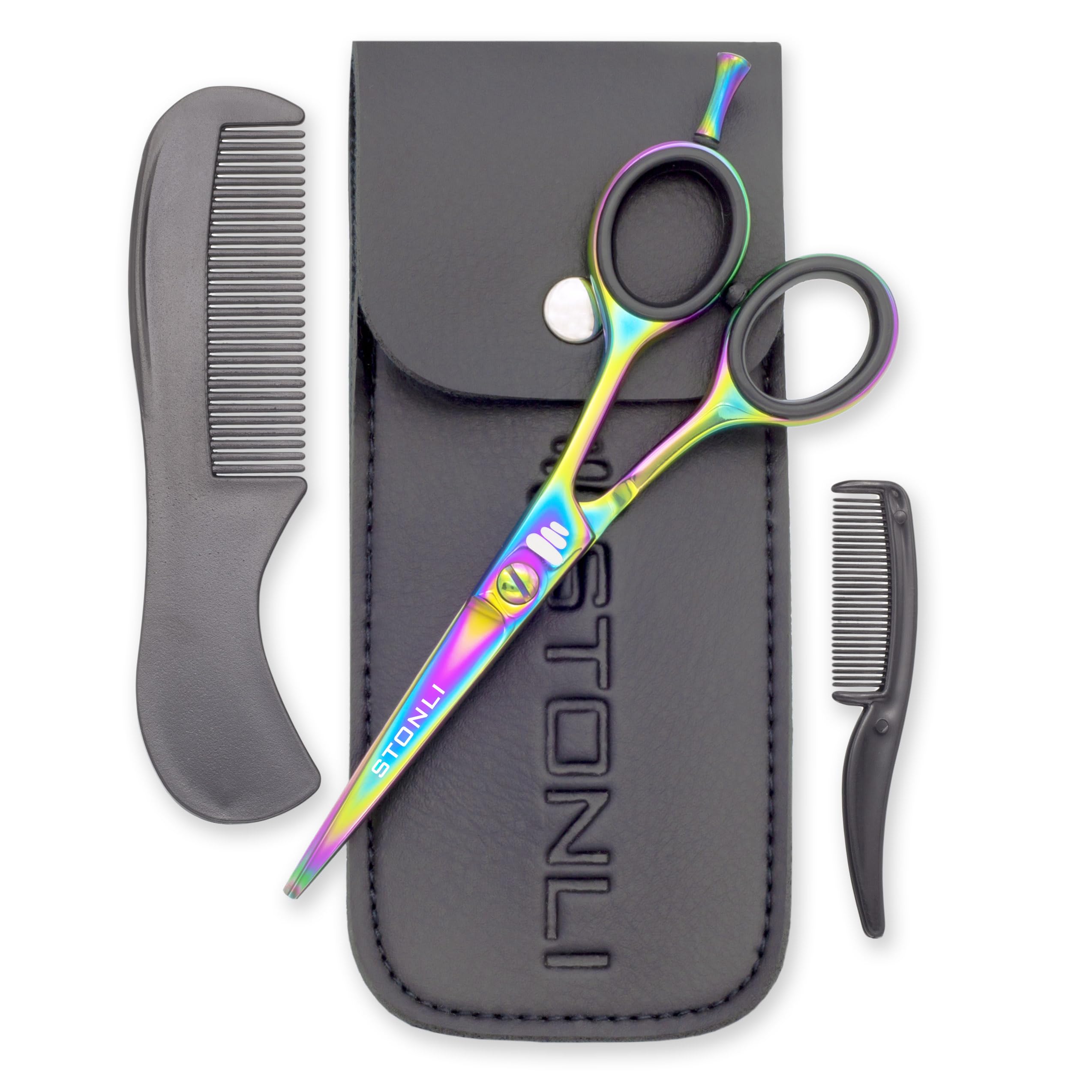 STONLI® 5" Beard and Moustache Scissors with Comb & Pouch - Small Hairdressing Scissors - Nose, Ear & Eyebrows Hair Scissor (Iridescent)