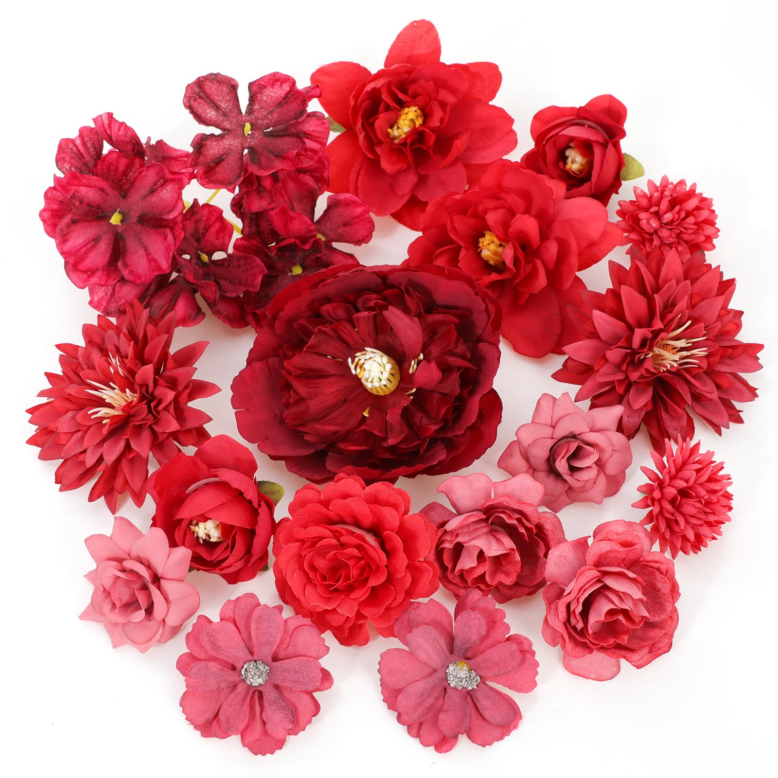 MWOOT 17 Pcs Artificial Flower Heads, Faux Flowers for Crafts, Fake Rose Water Lily Peony Chrysanthemum Flowers Heads for DIY Wreath Cake Wedding Bouquet Party Home Garden Decoration(Red)