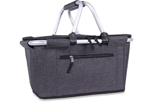 Picnic Basket, SIYUAN Collapsible Market Basket Insulted Cooler with Handles 27L Large Farmers Grocery Basket with Lid Portable Tote Bag, Black