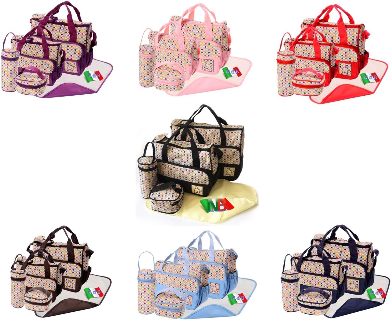 Nido del Bimbo - Polka Dot Bag Set, 5 Pieces, Changing Bag + 2 Nappy Bags + Changing Mat + Bottle Holder pink