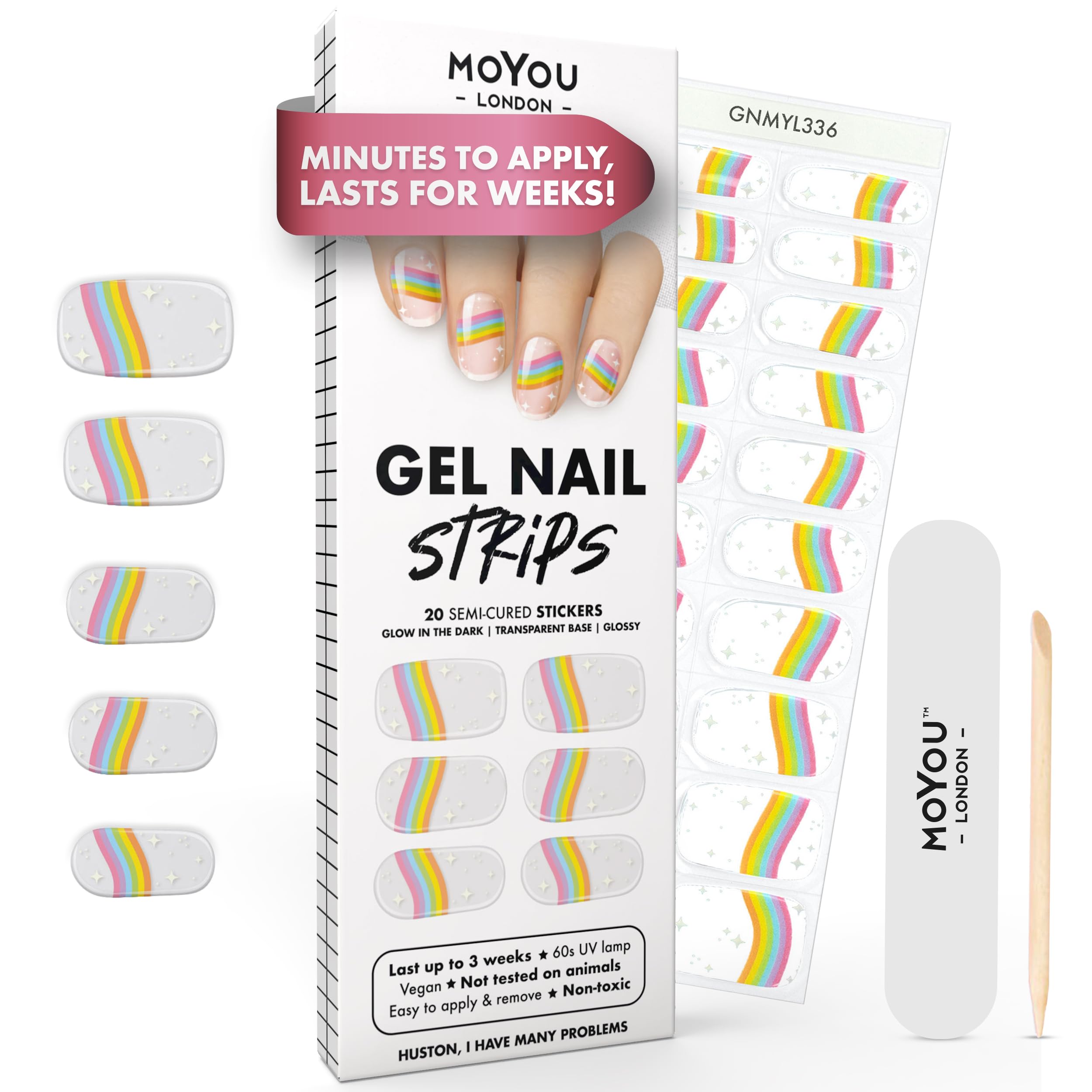 MOYOU LONDON Semi Cured Gel Nail Strips - 20 Pcs. Waterproof Gel Nail Wraps, Cures in Sunlight or UV/LED Lamp, Lasts Up to 2+ Weeks, Stretchable, Easy to Apply & Remove, Vegan & Cruelty-Free