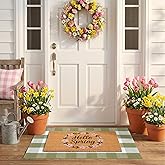 Spring Door Mat Layered Doormat Set, Hello Spring Coir Doormat with Green & White Plaid Layering Rug, Farmhouse Front Door We