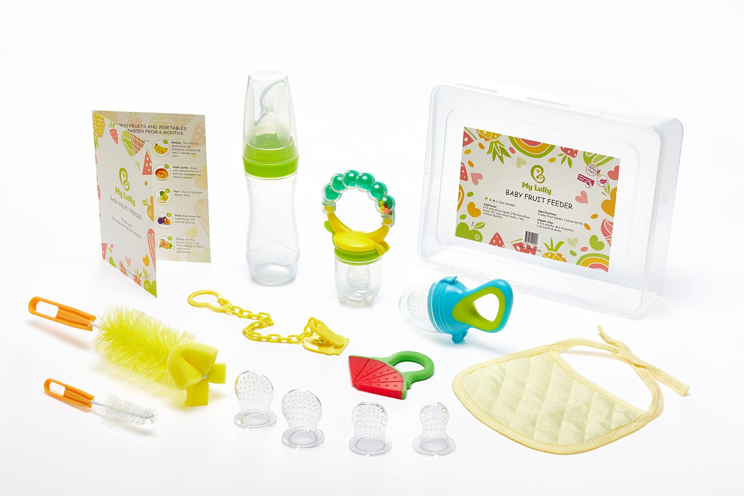 Baby Food Feeder Set by MyLully – Full Kit for Feeding Baby - 2 Fresh Fruit Vegetable Feeders + 3 Nipples + 2 Brushes + Teething Toy + Pacifier Clip + Bib + Silicone Bottle