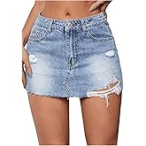 MakeMeChic Women's Ripped Distressed Trim Drop Waist Straight Hem Denim Mini Skirt